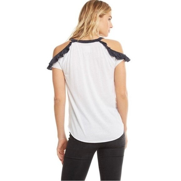 NEW Chaser Jersey Ruffle Open Shoulder Hi Lo Shirttail Tee in Tan Gray Size M - Picture 10 of 13